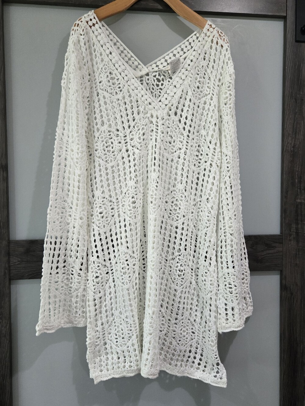 LA BLANCA Ivory Waverly Bell-Sleeve Cover-Up Crochet Dress 100% Cotton Large